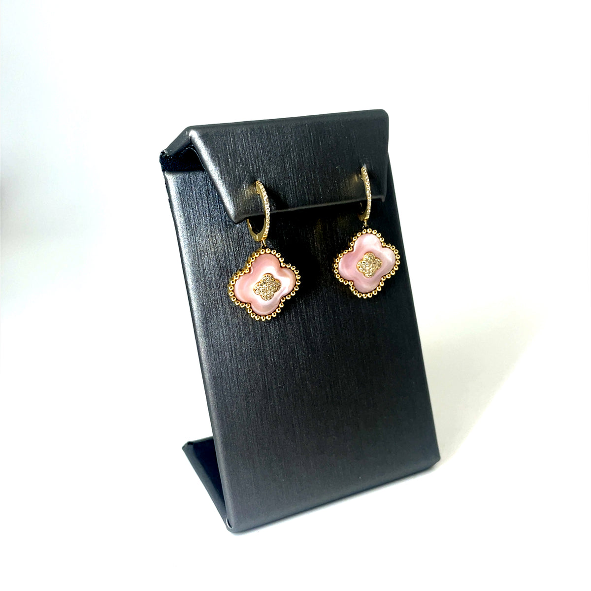 14k Yellow Gold Van Cleef Style Rose Quartz and 0.75 CT TW Diamonds Earrings