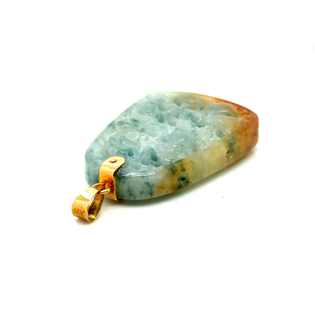 14k Yellow Gold Carved Green Brown Natural Jade Bird and Dragon Pendant