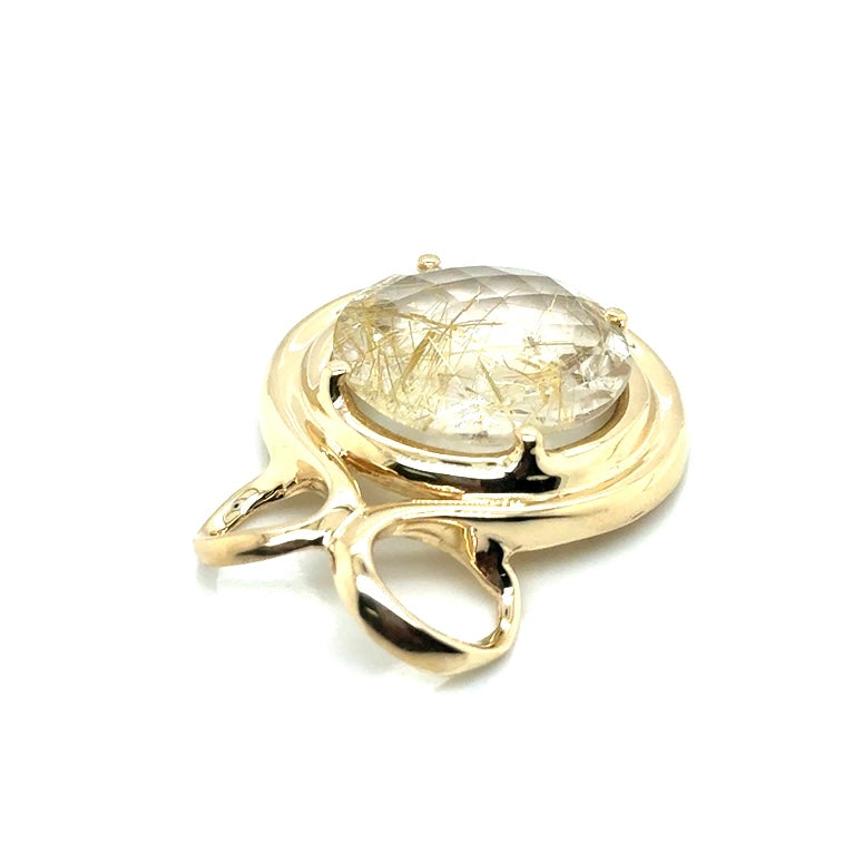 New 14k Yellow Gold 12.50 CT Natural Rutilated Quartz Pendant