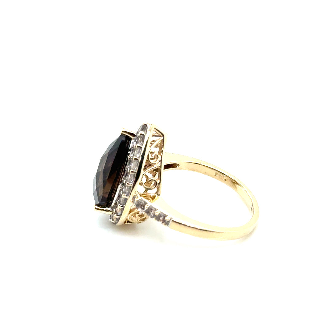New 10k Yellow Gold Cubic Zirconia & Smokey Quartz Ring