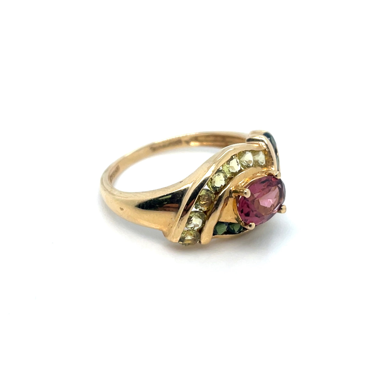 14k Yellow Gold Green and Pink Tourmaline and Lemon Quartz Ring