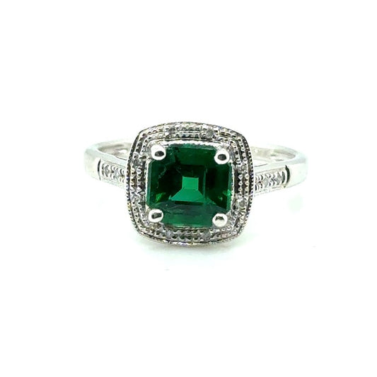 10k White Gold Synthetic Emerald and Diamonds Ring