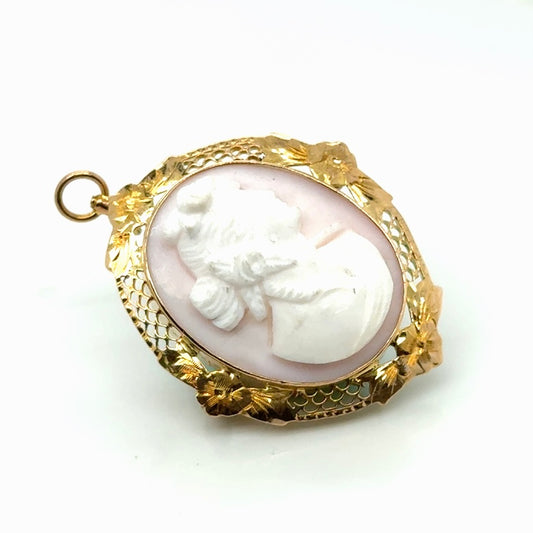 Vintage 10k Yellow Gold and Pink Shell Carved Floral Brooch/Pendant