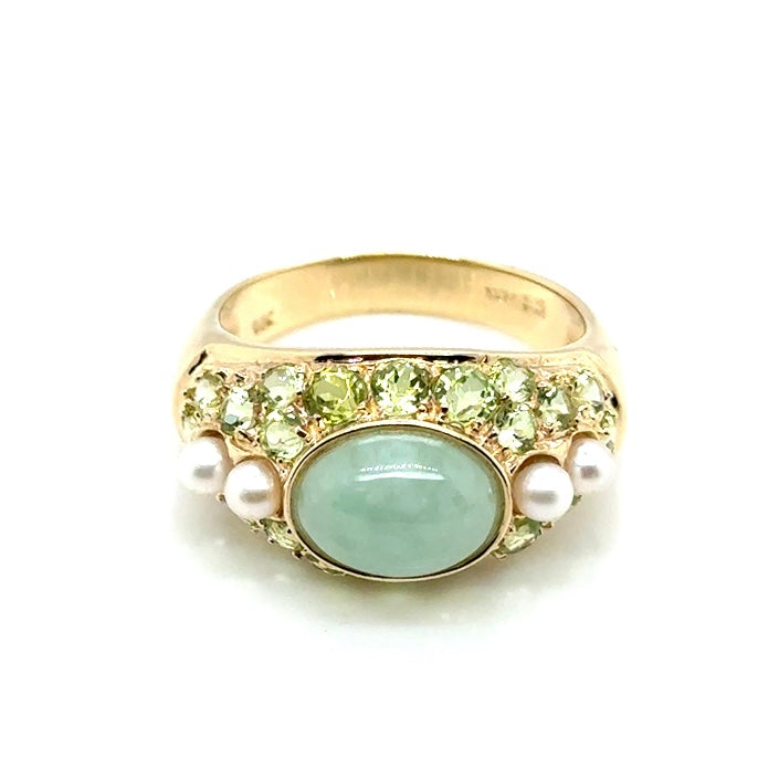 14k Yellow Gold Jade, Pearls and Tourmaline Stones Ring