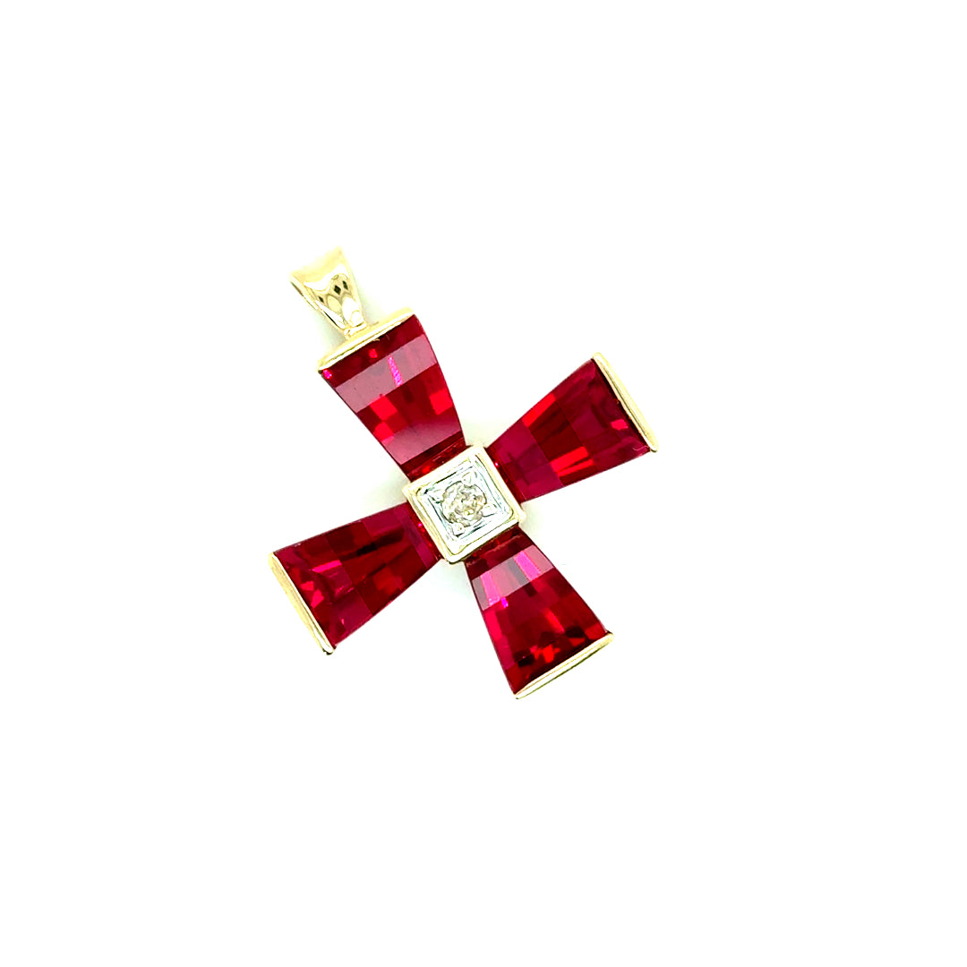 New 10k Yellow Gold Diamond & Pink Ruby Cross Pendant