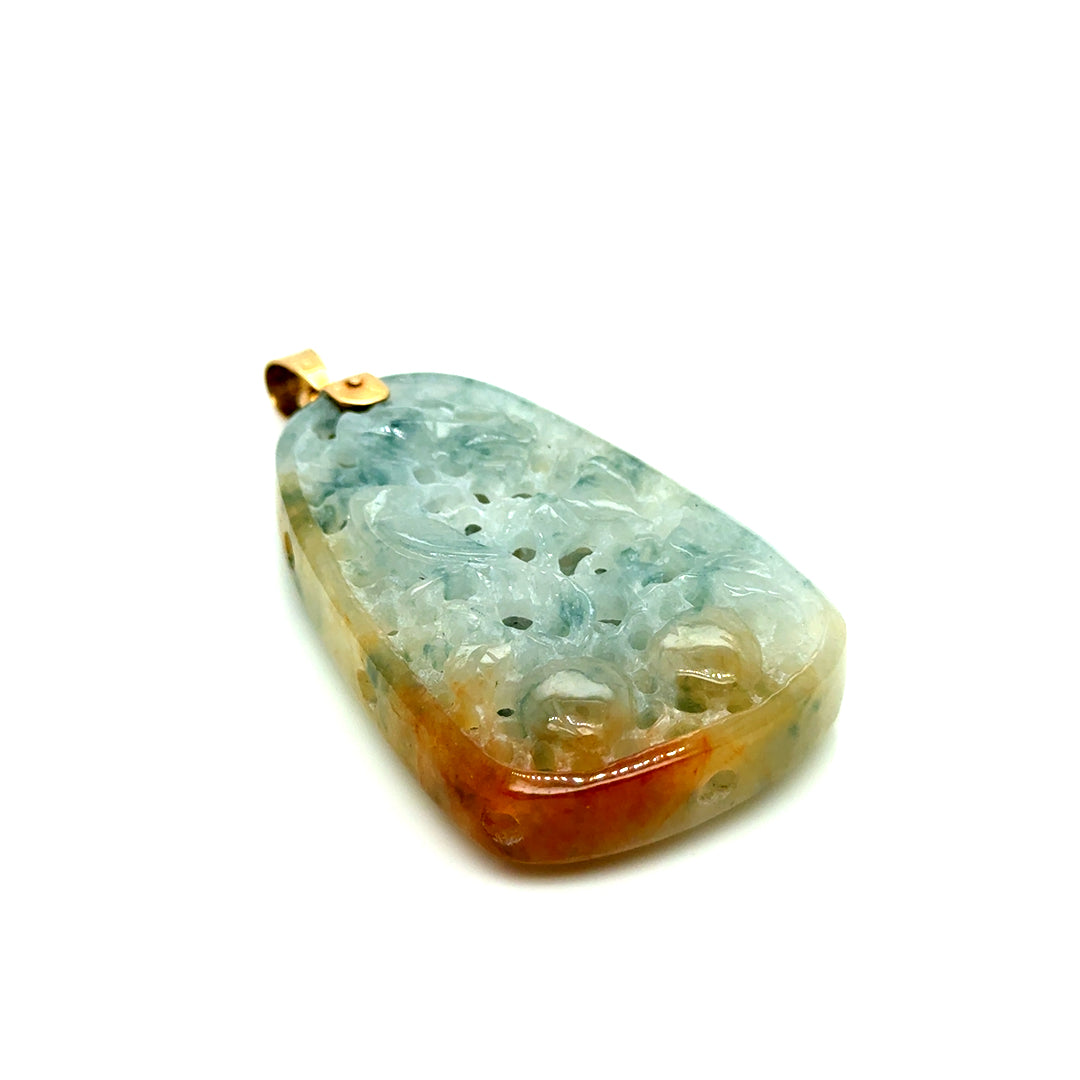 14k Yellow Gold Carved Green Brown Natural Jade Bird and Dragon Pendant