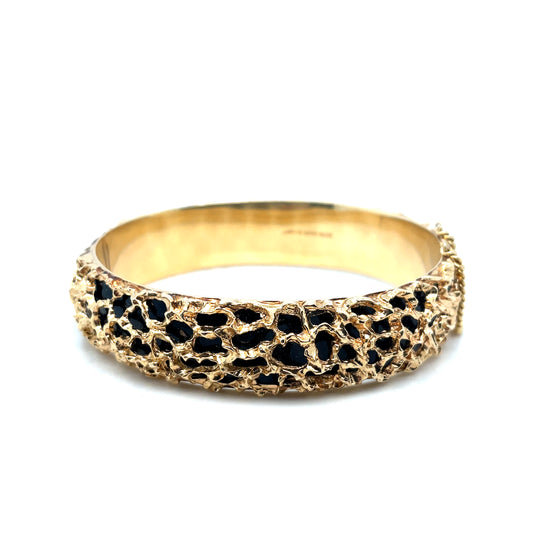 Vintage 1980’s 14k Yellow Gold Hand Made Bangle Bracelet with Filigree and Onyx