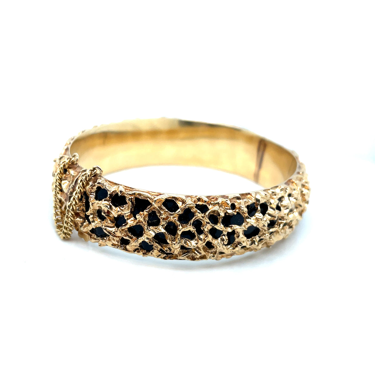 Vintage 1980’s 14k Yellow Gold Hand Made Bangle Bracelet with Filigree and Onyx