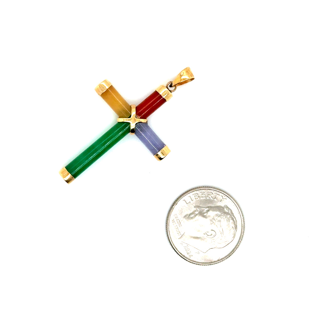 14k Yellow Gold Colored Jade Cross Pendant