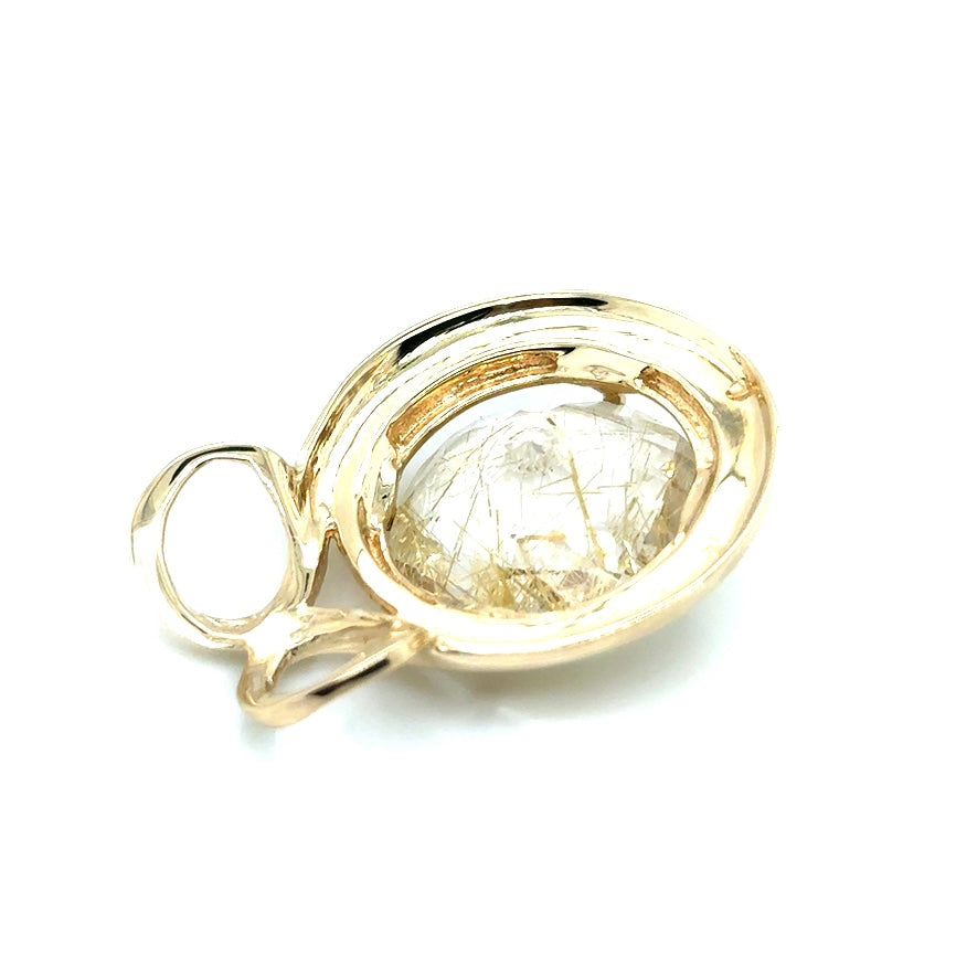 New 14k Yellow Gold 12.50 CT Natural Rutilated Quartz Pendant