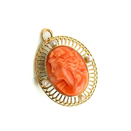 Vintage 14k Yellow Gold & Carved Coral & Pearl Cameo Oval Brooch/Pendant