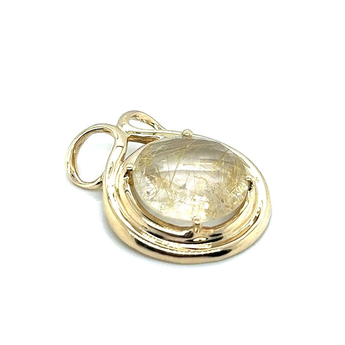 New 14k Yellow Gold 12.50 CT Natural Rutilated Quartz Pendant