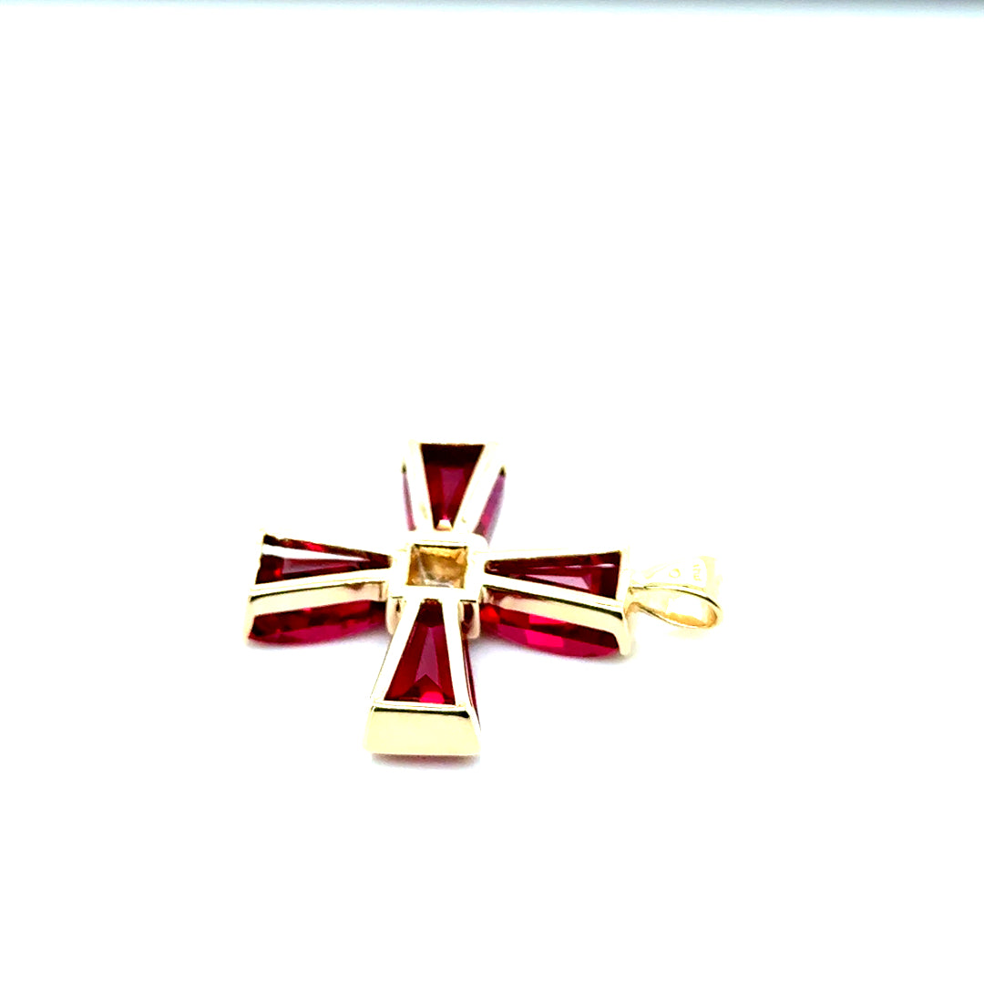 New 10k Yellow Gold Diamond & Pink Ruby Cross Pendant