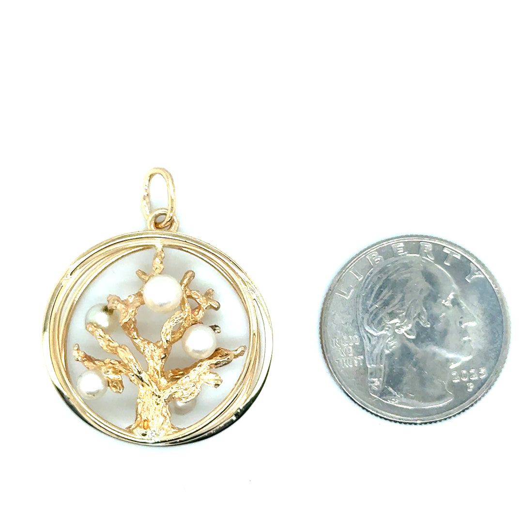 New 14k Yellow Gold Tree of Life Pearl Pendant