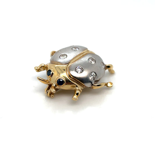 14k Yellow and White Gold White Topaz and Sapphire Eyes Ladybug Brooch/Pin