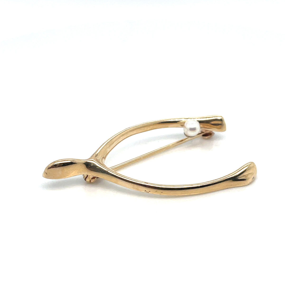 14K Yellow Gold and Cultured Pearl Lucky Wishbone Vintage Brooch/Pin