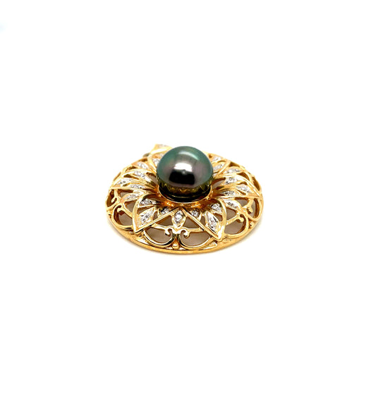 14k Yellow Gold Tahitian Pearl Diamond 0.18 CT TW Pendant