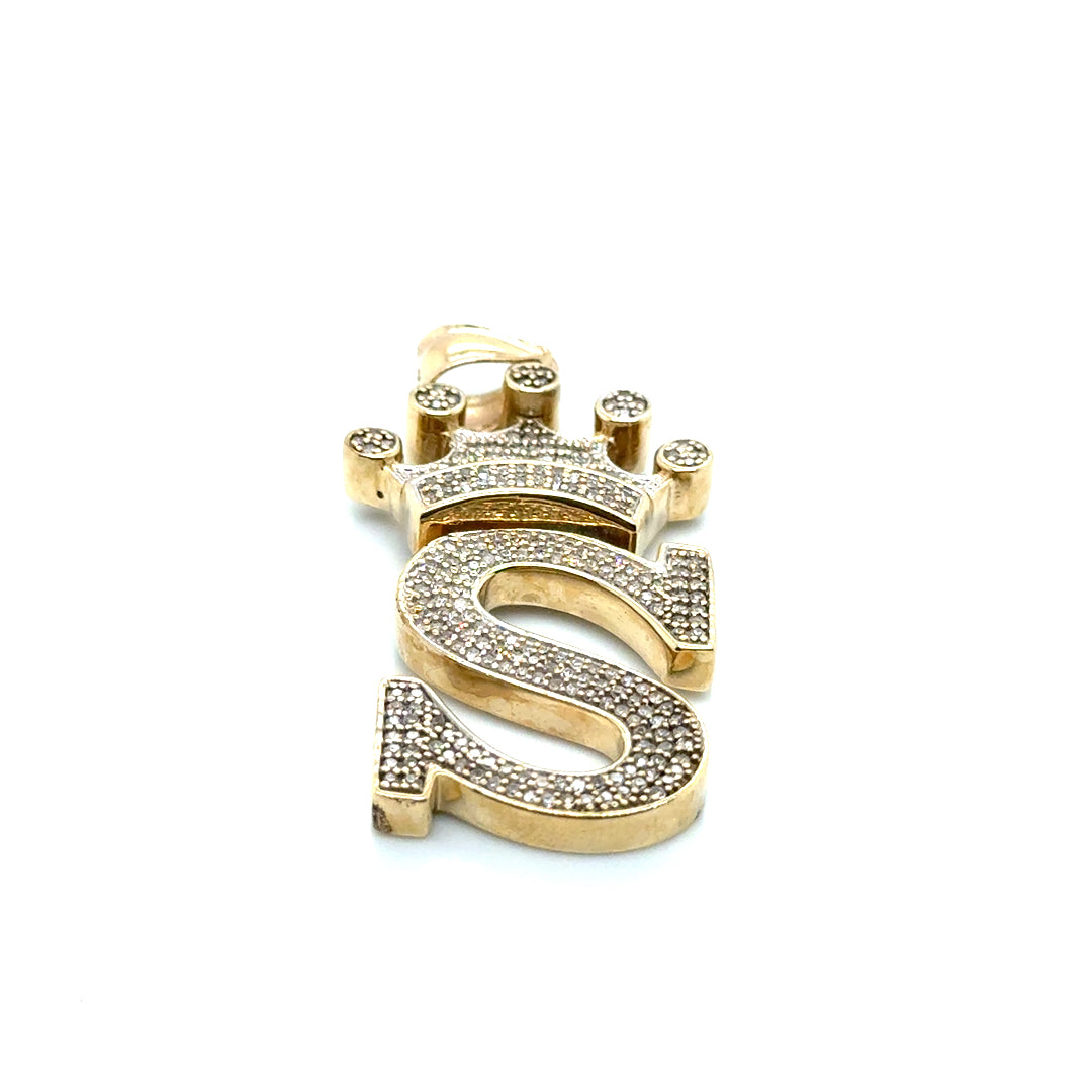 14k Yellow Gold Letter “S” 1.80 CT TW Diamonds with Crown Pendant
