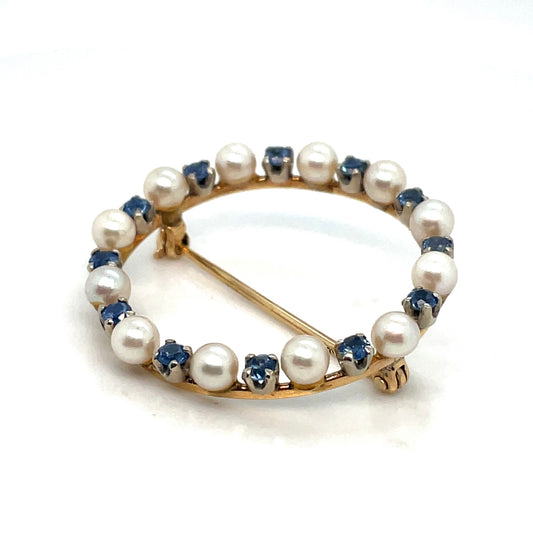 14k Gold Cornflower Blue Natural Sapphire & Pearl Vintage Circle Brooch Pin